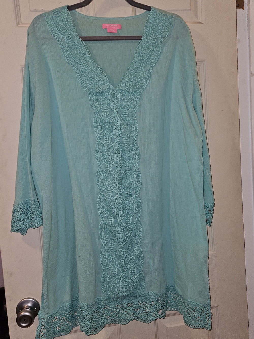Light Teal Lace-Trim V-Neck Women's Tunic